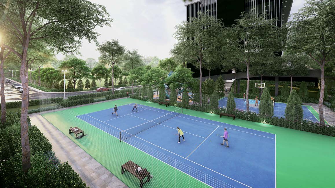 Tennis and basketball courts at LG5, under mature trees