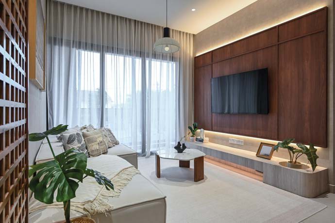 Living area with full-height windows
